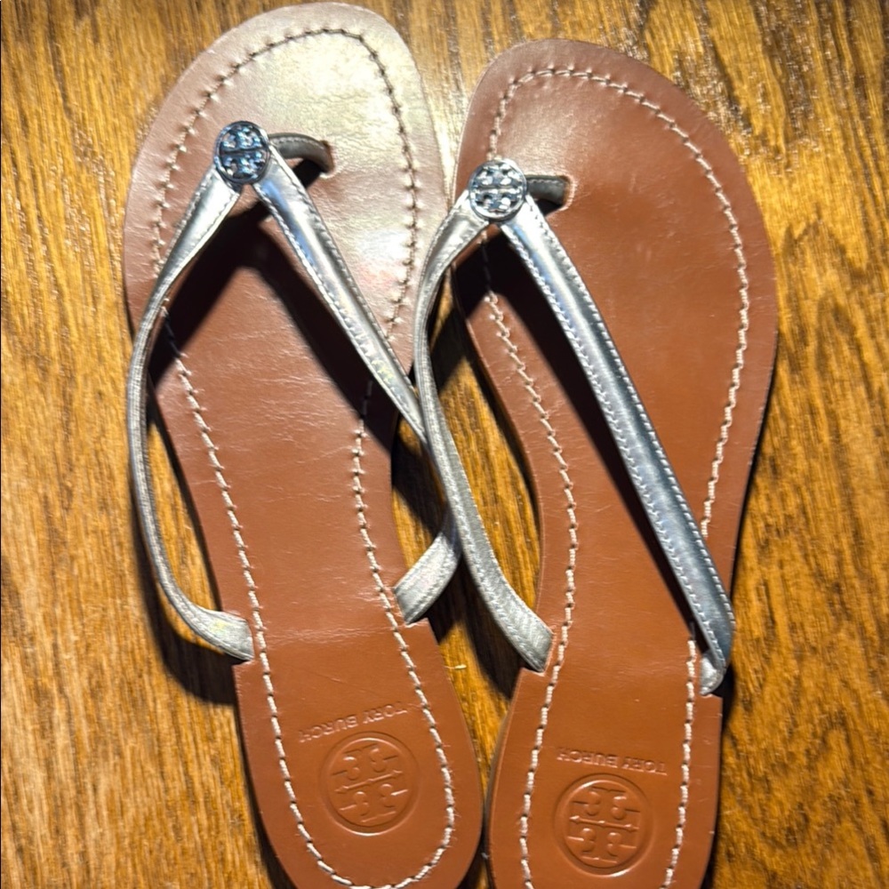 Tory Burch Silver and Brown Sandals with Minimalist Design